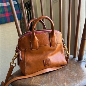 Dooney & Bourke Chestnut Brown Leather Satchel with Burgundy Zip Accent